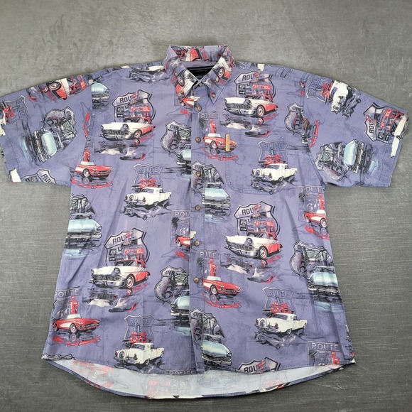 North river Other - North River Mens Route 66 Classic Car Print Button Down Shirt Blue Short Sleeve
